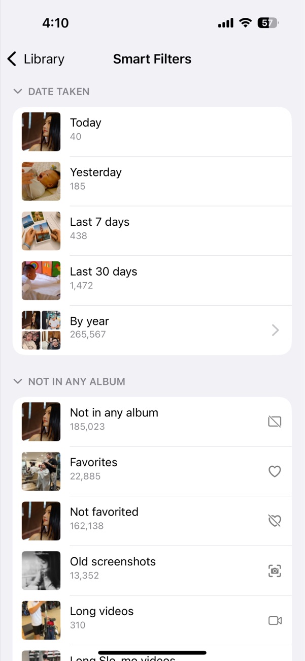 Opla Smart Filters screen showing Date Taken shortcuts, Not in Any Album, Favorites, Old screenshots, and Long videos